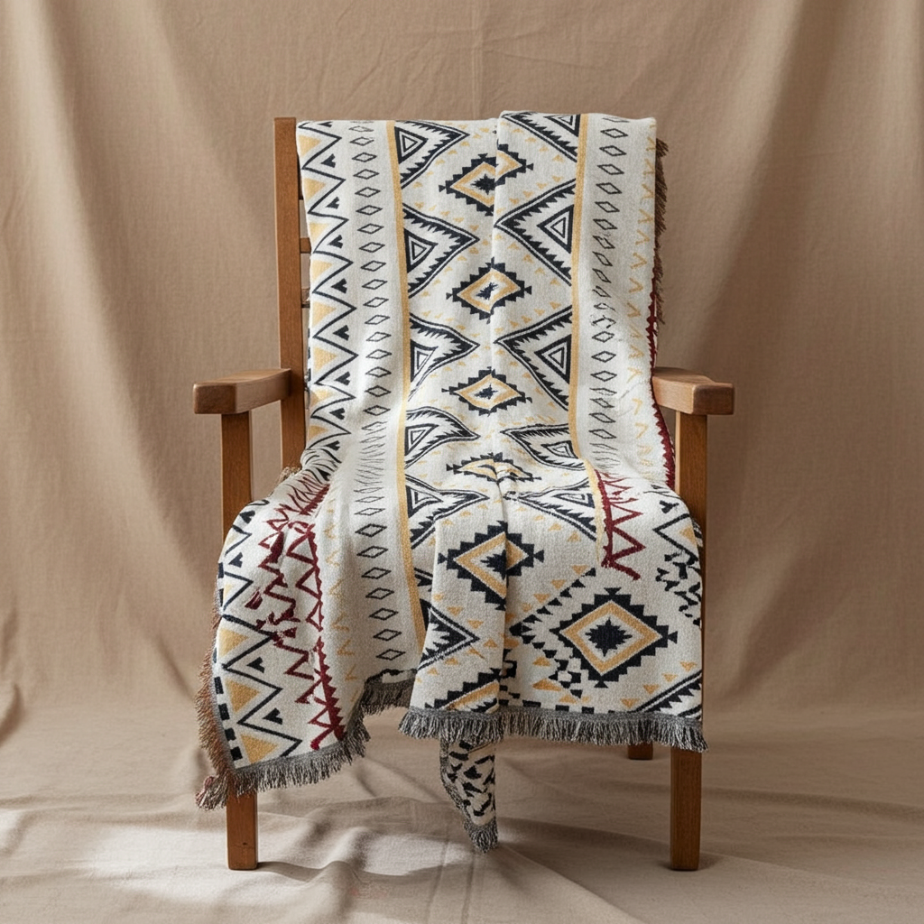 Patterned blanket draped over a wooden chair against a beige background