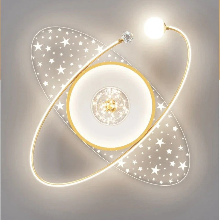 Gold elliptical planet LED ceiling light with gold frame, crystal ball and star panels, 60×60cm