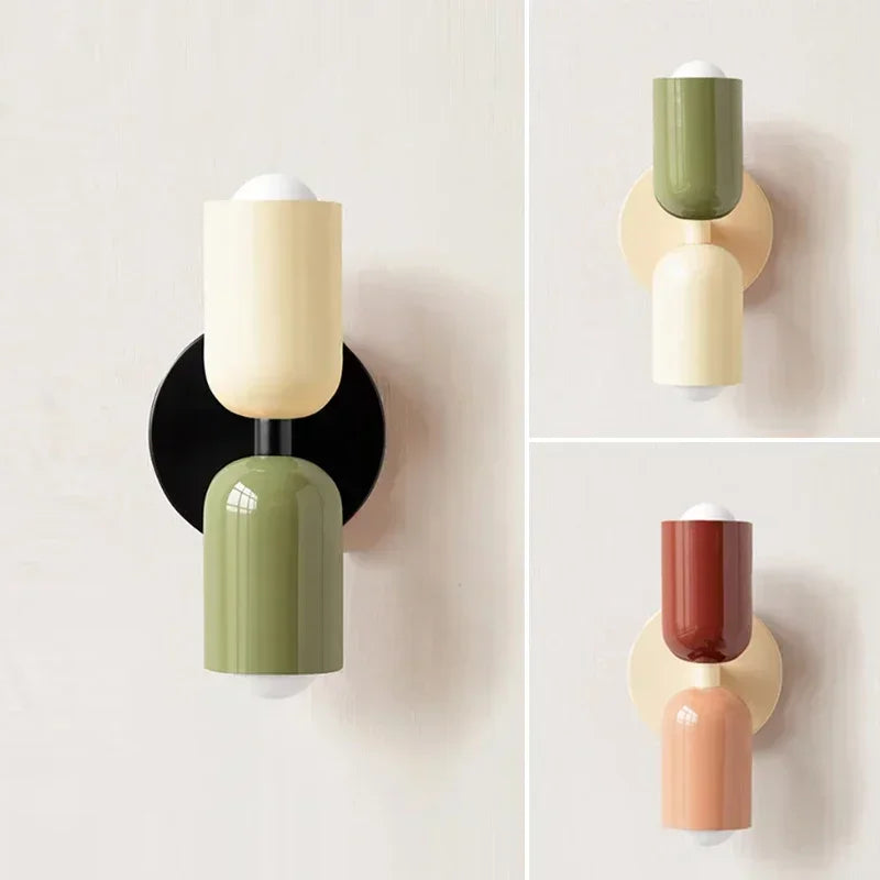 Collage of wall sconces with different color combinations on a light background