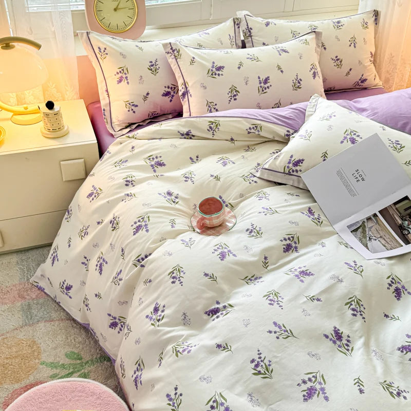 Lavender Field bedding set featuring delicate purple lavender sprigs on cream-coloured cotton.