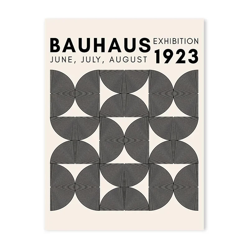Black and white Bauhaus exhibition print with a repeating circular grid design