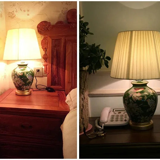 Two images of a decorative lamp on a wooden nightstand with floral design.