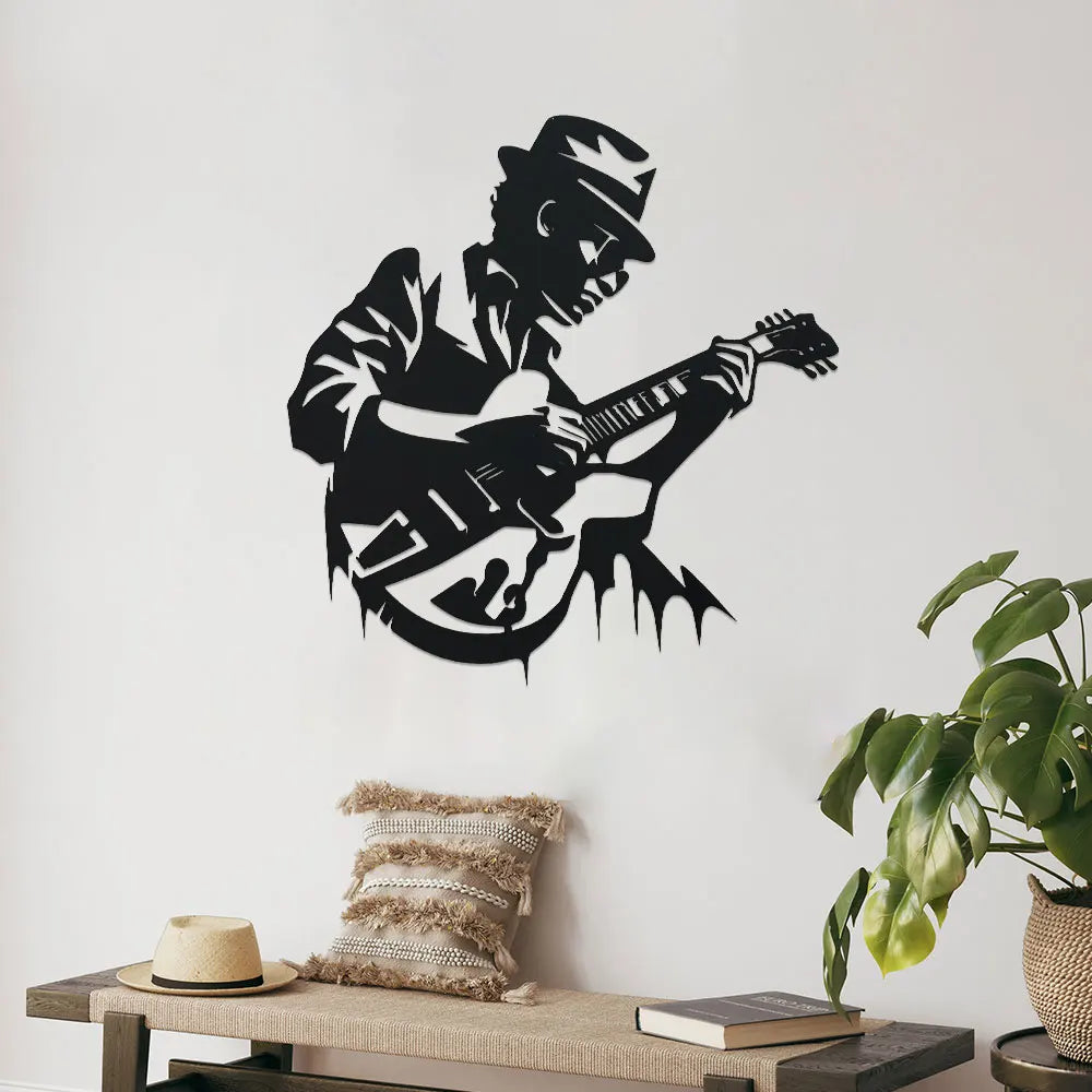 Black guitarist metal wall art with silhouette cut-out design, approx. 28cm x 28cm