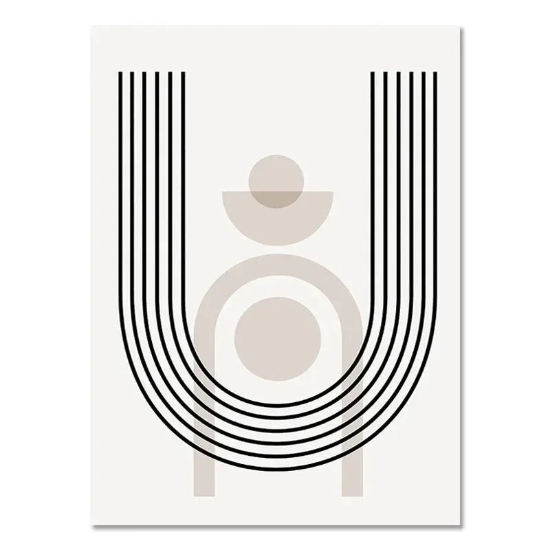 Geometric design with black lines and beige circles on a white background