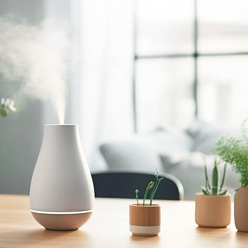 A white diffuser on a table with potted plants, with a long-lasting fragrance above.