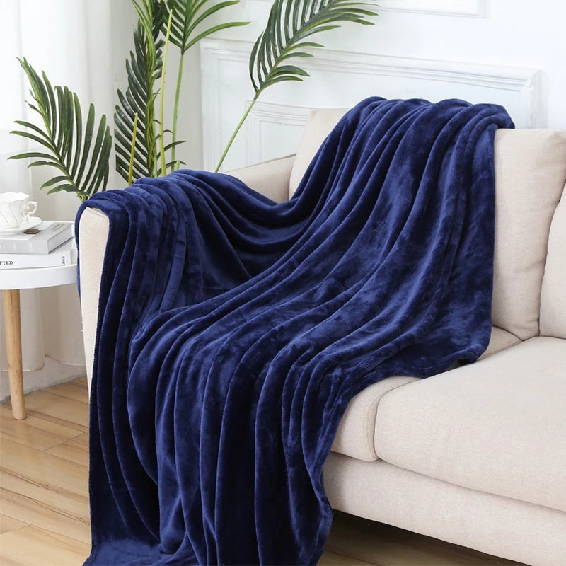 Navy blue blanket draped over a beige sofa in a living room setting with plants and a side table.