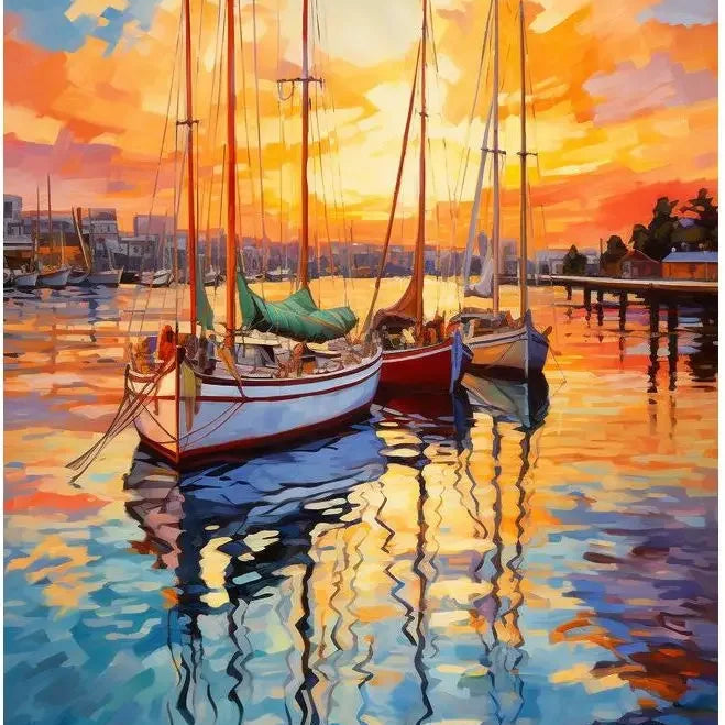 Impressionist-style painting of sailboats in a harbour during a bright orange and yellow sunset.
