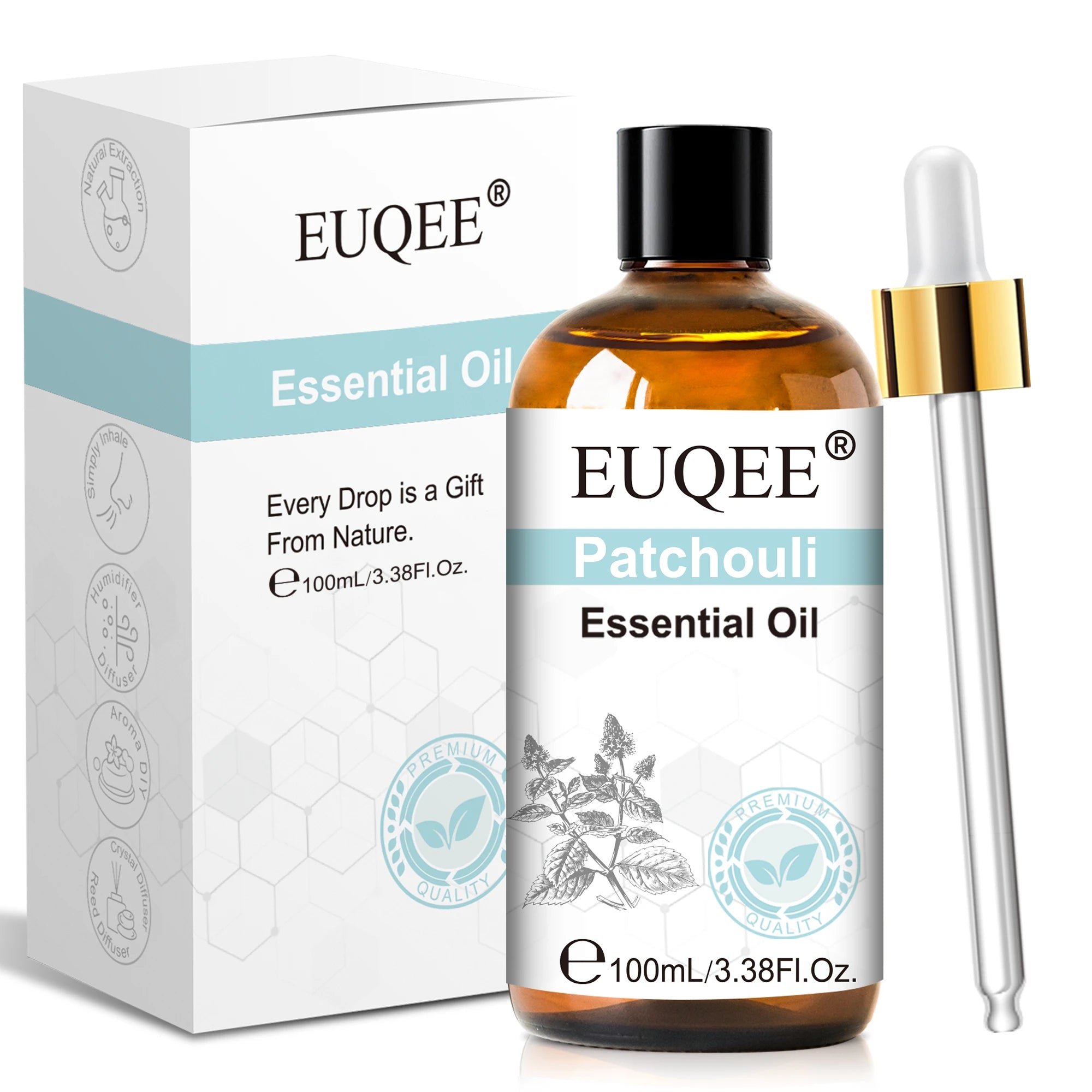 Patchouli essential oil bottle with dropper and packaging on a white background