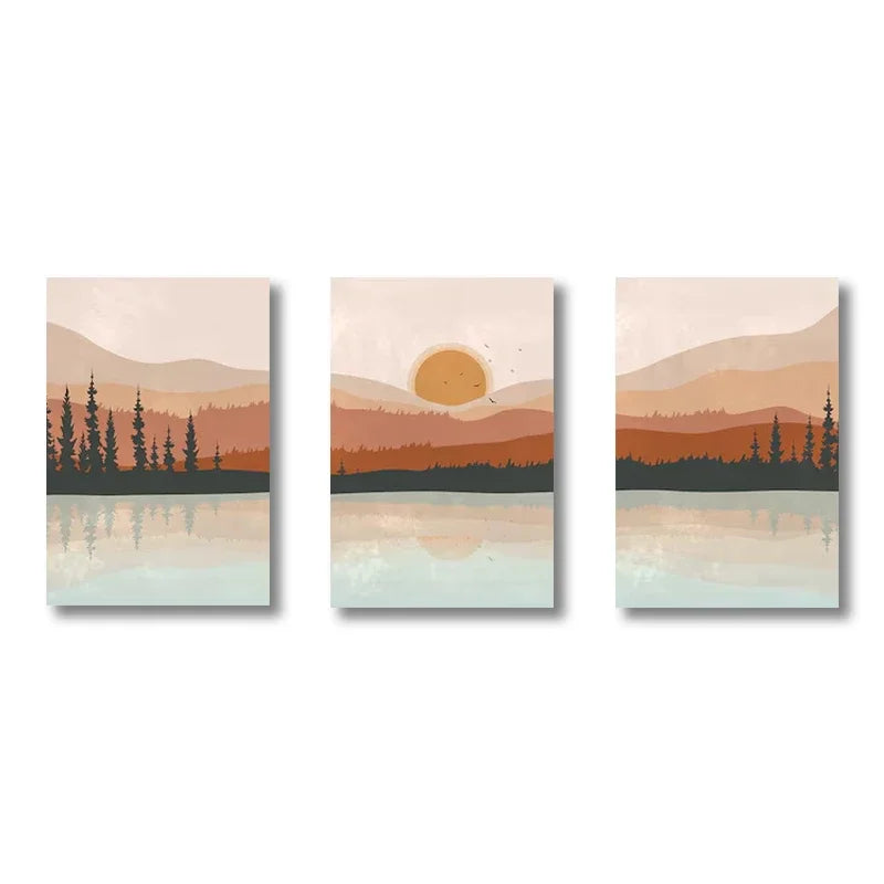 Three-panel artwork of a sunset over a lake, with mountains and trees in the background.