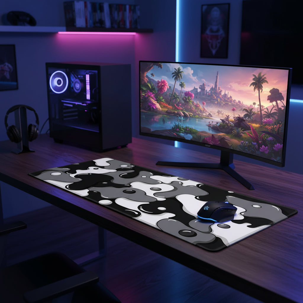 Extra large black, white and grey desk mat measuring 100 x 50cm.