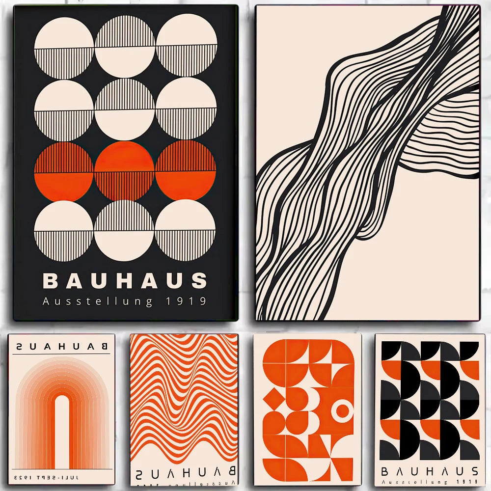 Collection of Bauhaus-themed posters with geometric designs on a white background.