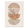 Abstract art print with geometric shapes and leaves on a beige background