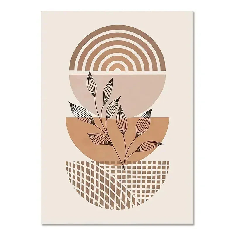 Abstract art print with geometric shapes and leaves on a beige background