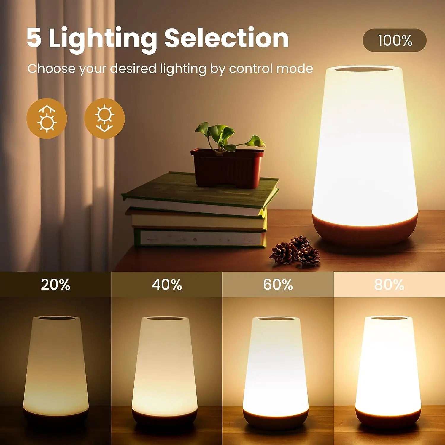 Table lamp with 5 lighting selection options displayed on a wooden surface.