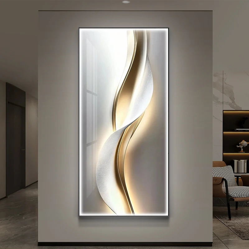 Textured white and gold wave LED backlit wall art panel with warm ambient glow