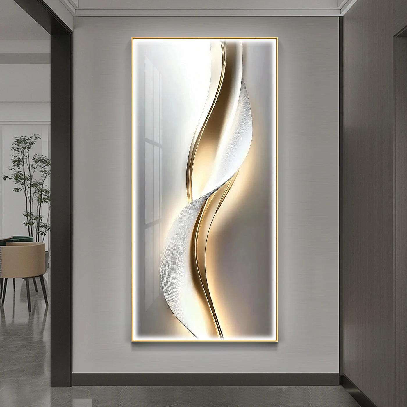 Textured white and gold wave LED backlit wall art panel with warm ambient glow