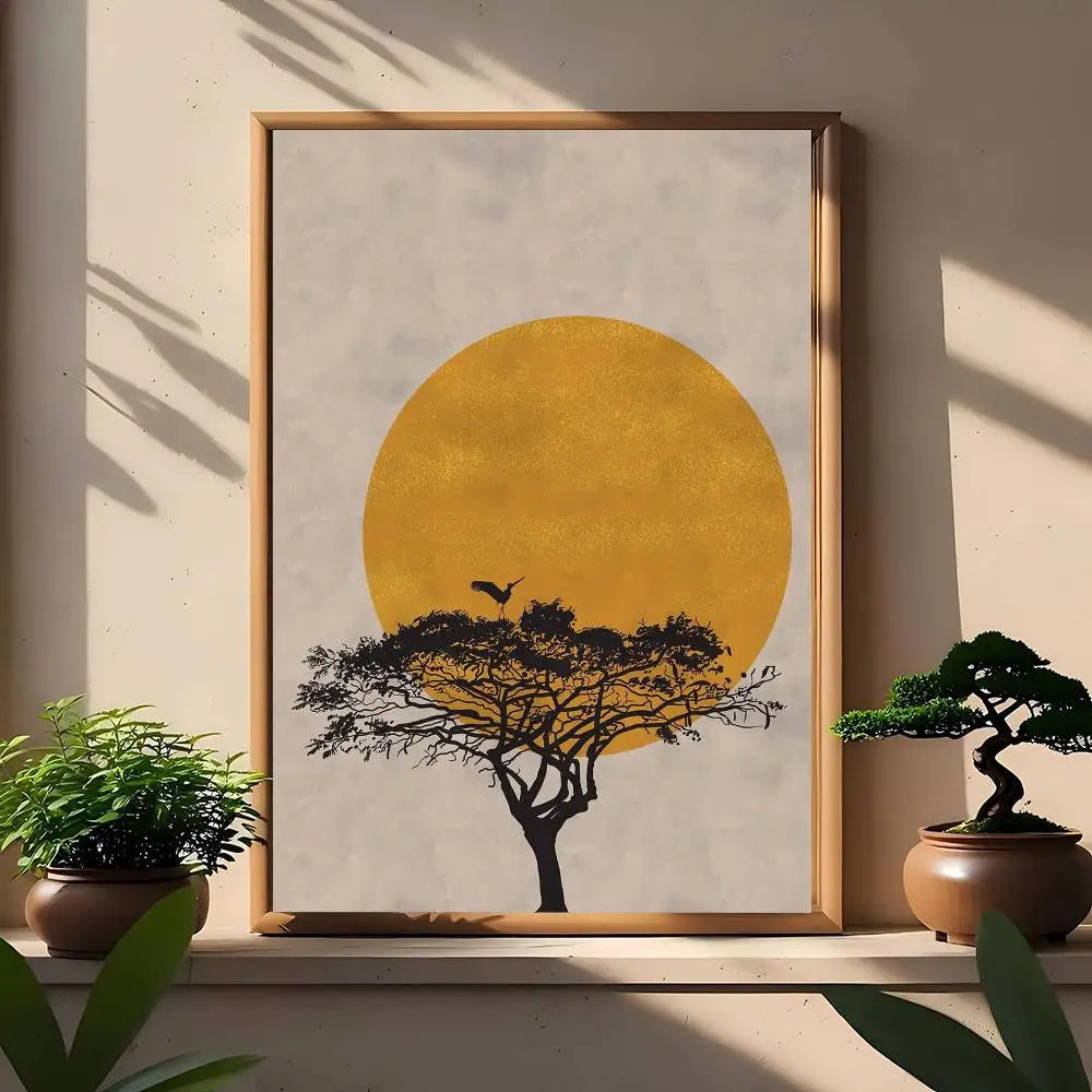 Modern canvas print with golden sun disc behind an acacia tree silhouette on a textured neutral background.