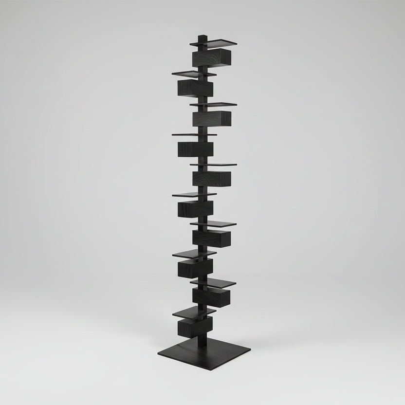 Gun black geometric floor lamp with tall stacked design, 182cm height and square base
