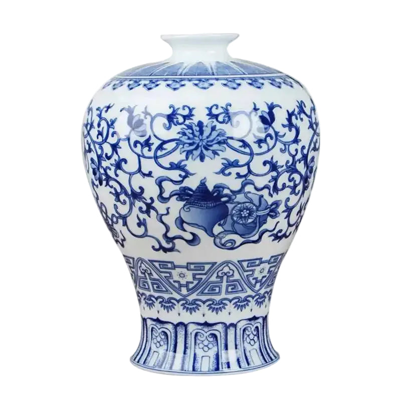 Blue and white ceramic vase with intricate patterns on a white background