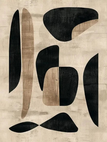 Abstract art with black and brown shapes on a textured beige background