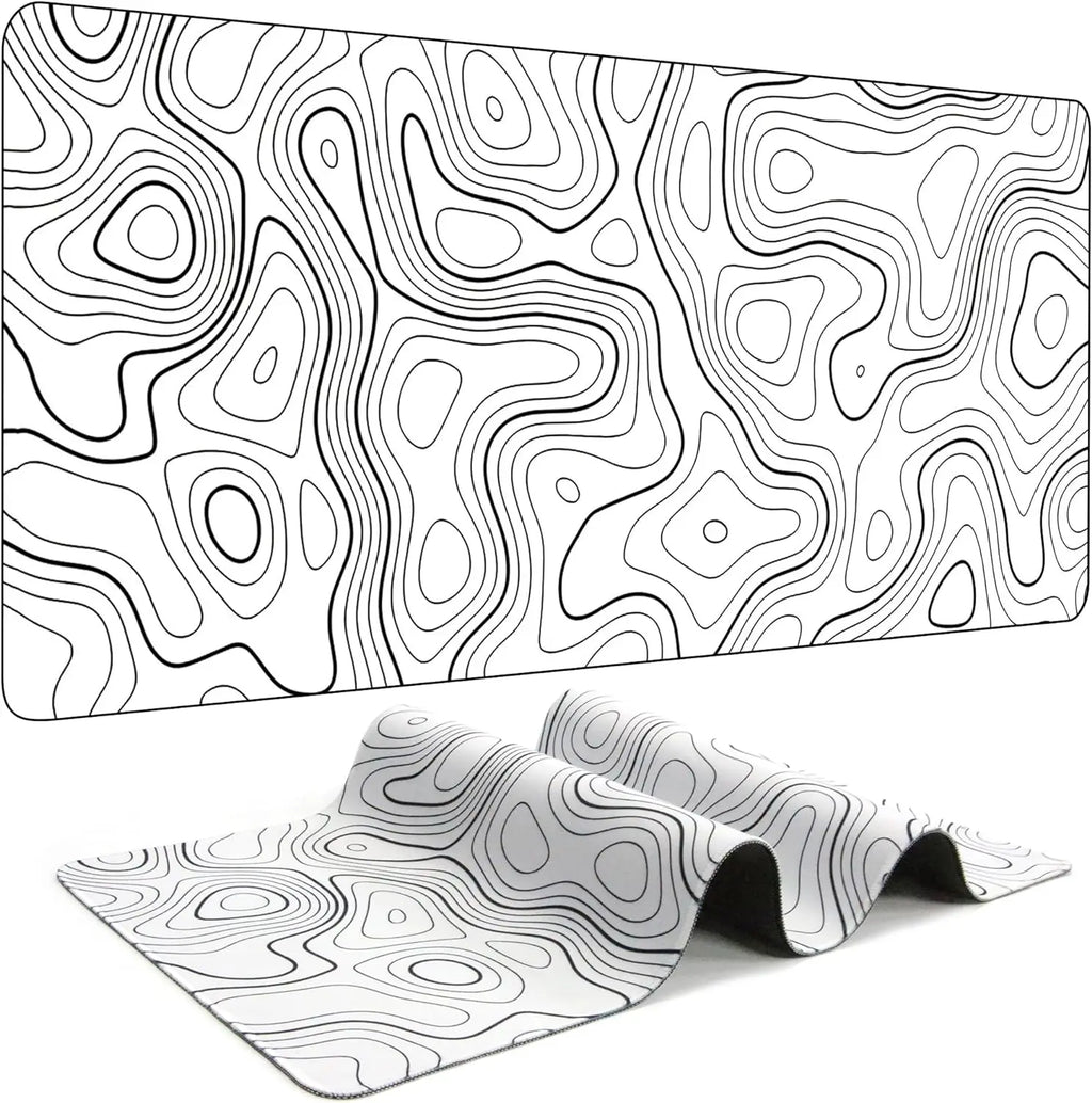White extended mouse pad with black contour-line pattern shown flat and folded
