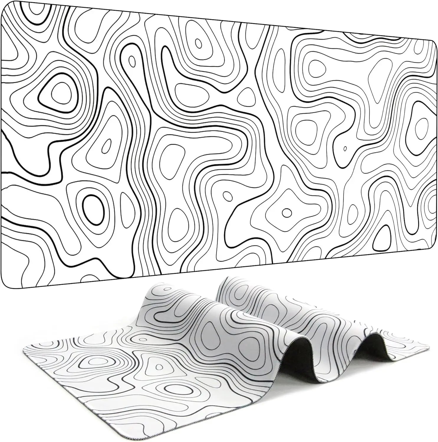 White extended mouse pad with black contour-line pattern shown flat and folded