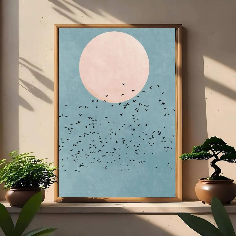 Blue minimalist canvas print with pale moon and a dense swarm of small bird silhouettes across the sky.