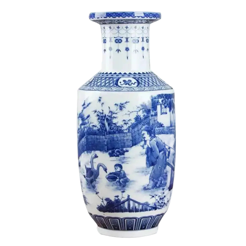 Blue and white ceramic vase with classical design on a white background