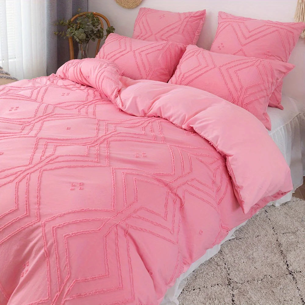 Pink textured duvet cover set styled in a modern bedroom