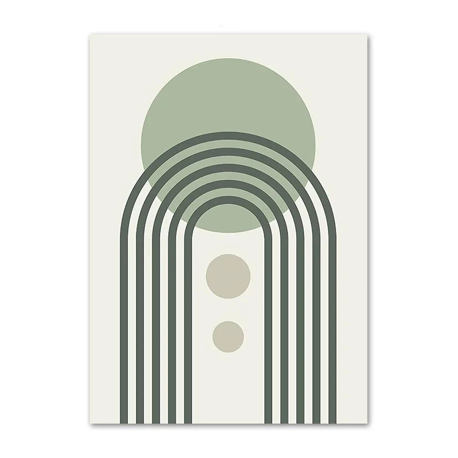 Abstract green and cream canvas print with layered arch lines and circular shapes.