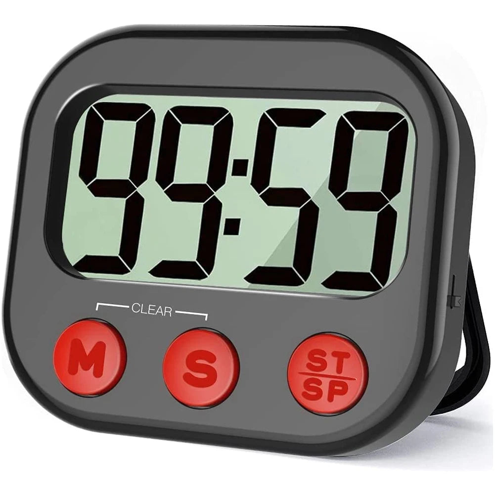 Digital timer with a black casing and red buttons on a white background
