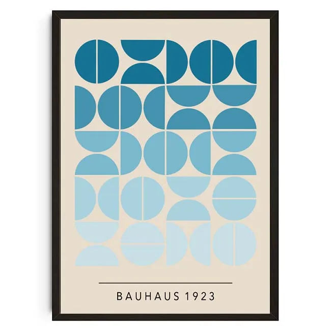 Framed poster with geometric blue circle pattern and 'Bauhaus 1923' text on a beige background