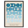 Framed poster with geometric blue circle pattern and 'Bauhaus 1923' text on a beige background