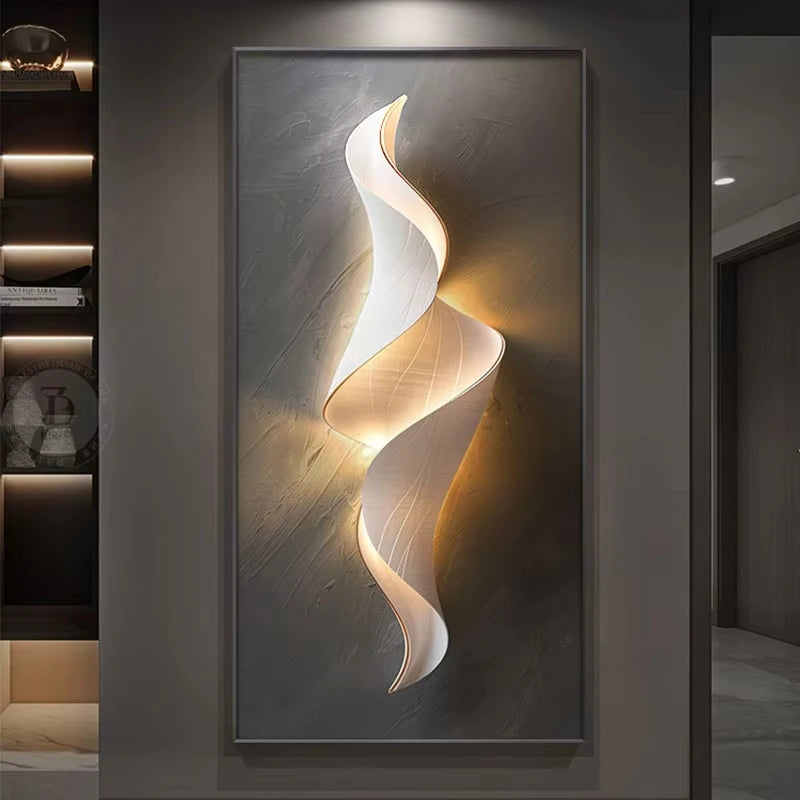 Lumina Flow LED sculptural wall light with elongated spiral ribbon form and warm golden backlight on a brown canvas