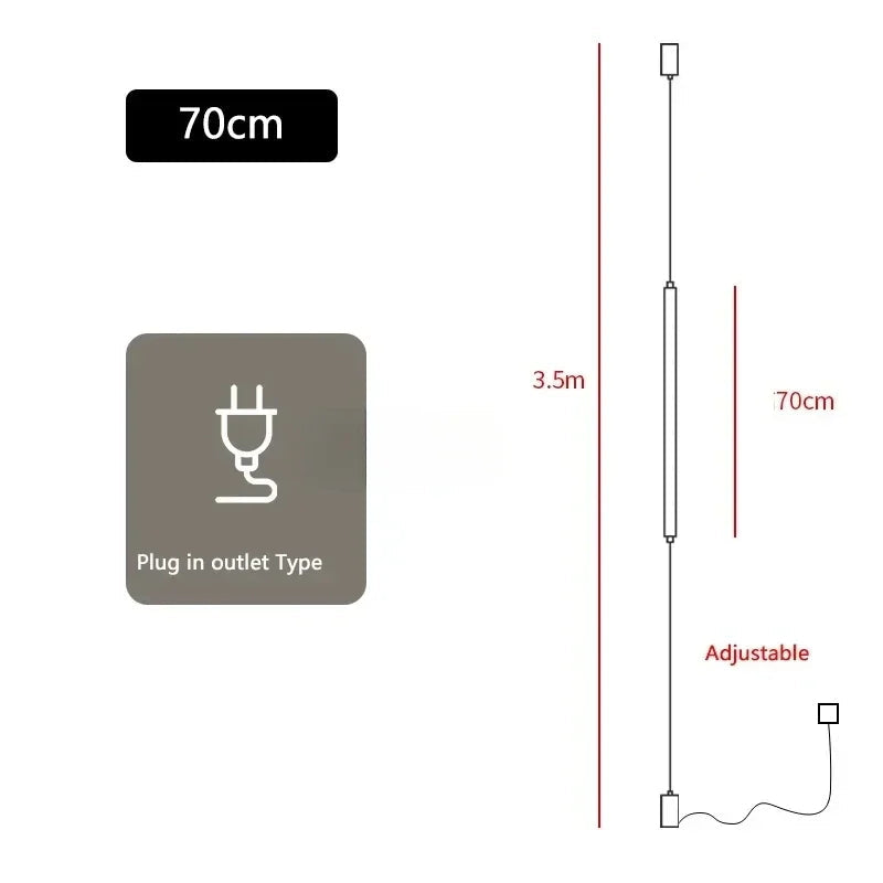 Product specifications for a 70cm light fixture including material, wattage, plug type, and adjustable feature.