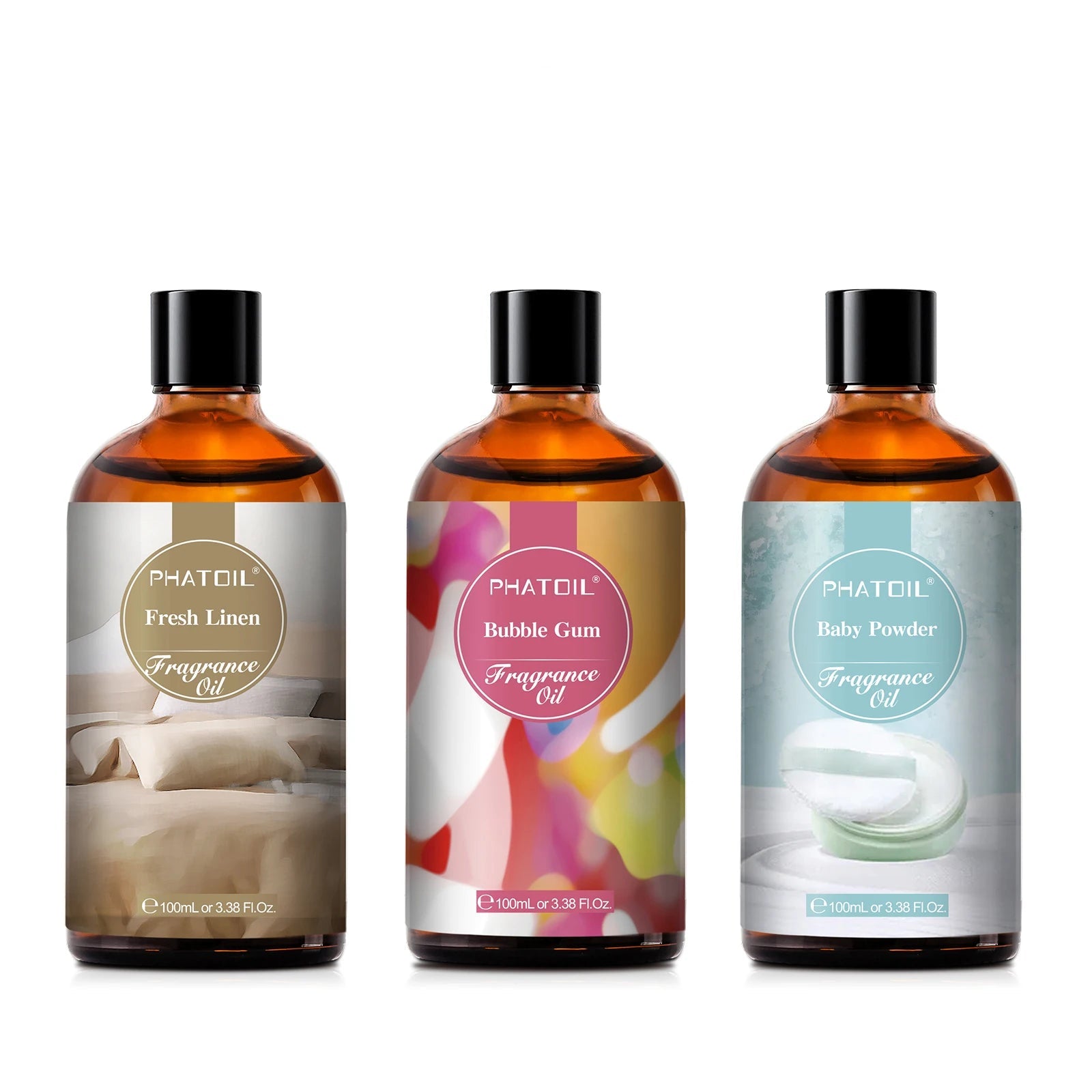 Aromatherapy fragrance oil set with Bubble Gum, Baby Powder, and Fresh Linen