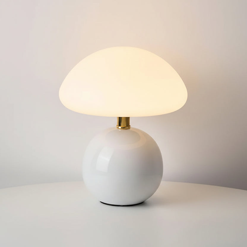 White table lamp with dimensions and specifications on a light grey background