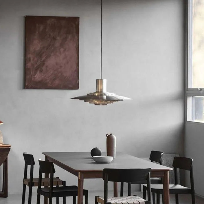 Silver aluminium pendant light with 38cm layered shade and E27 bulb fitting