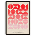 Framed poster with geometric red and pink circle pattern and 'Bauhaus 1923' text on a beige background