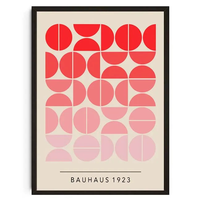 Framed poster with geometric red and pink circle pattern and 'Bauhaus 1923' text on a beige background