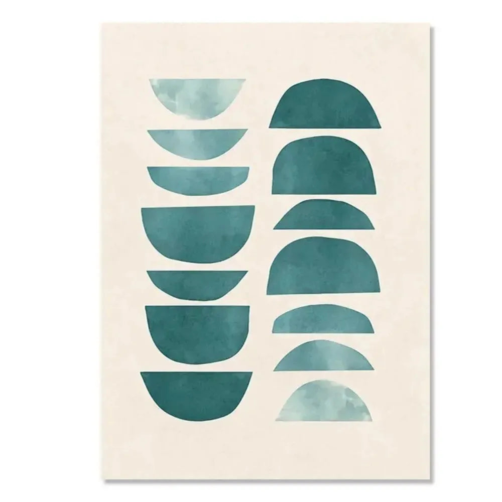 Geometric canvas print with stacked teal half-circle forms in a minimalist layout