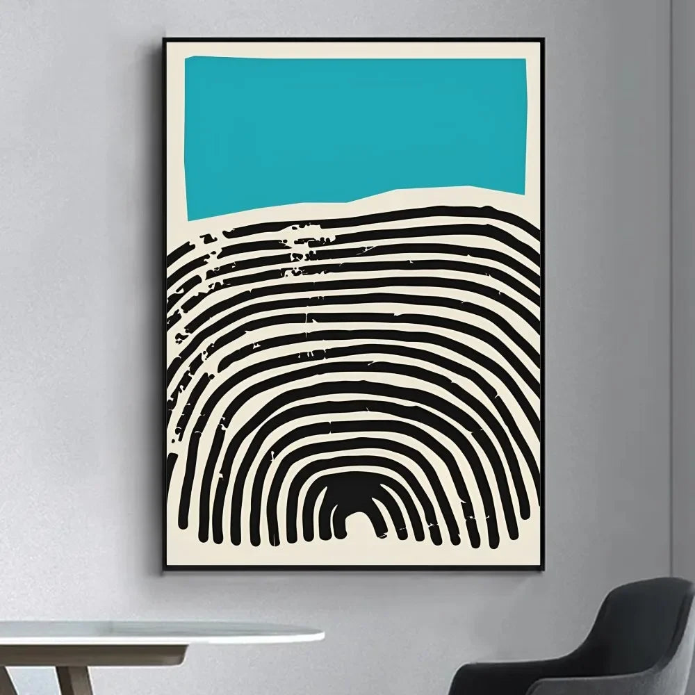 Minimalist wall art print with turquoise block and black abstract arc line pattern on cotton canvas