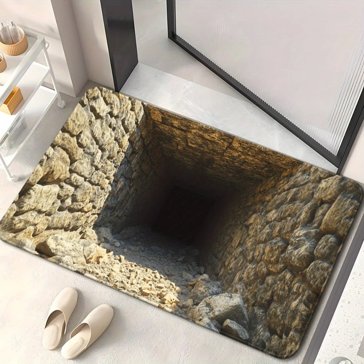 3D optical illusion floor mat with rocky pit depth effect and stone walls