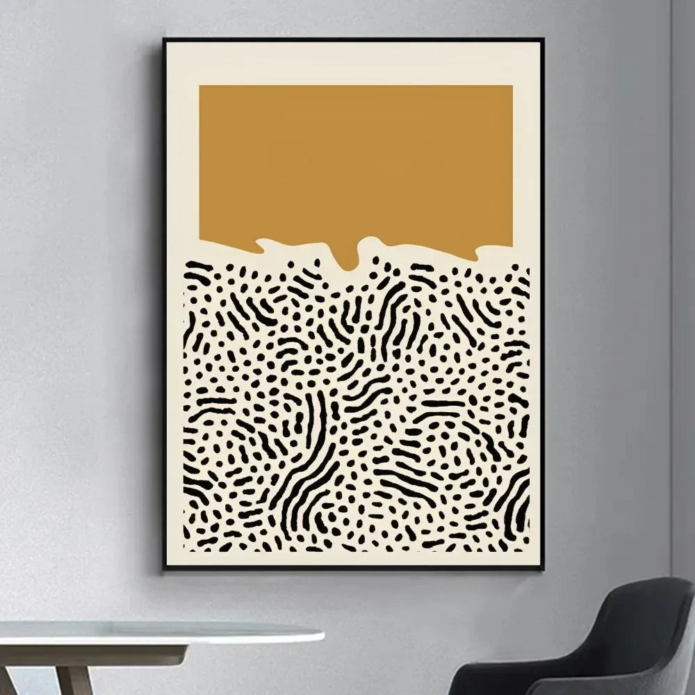 Abstract canvas wall print with ochre colour block and black dotted organic pattern