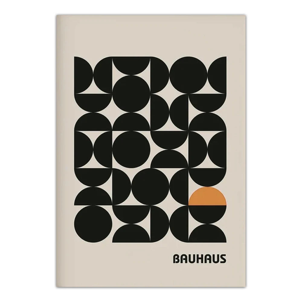 Poster with geometric black circle pattern and 'Bauhaus' branding on a beige background