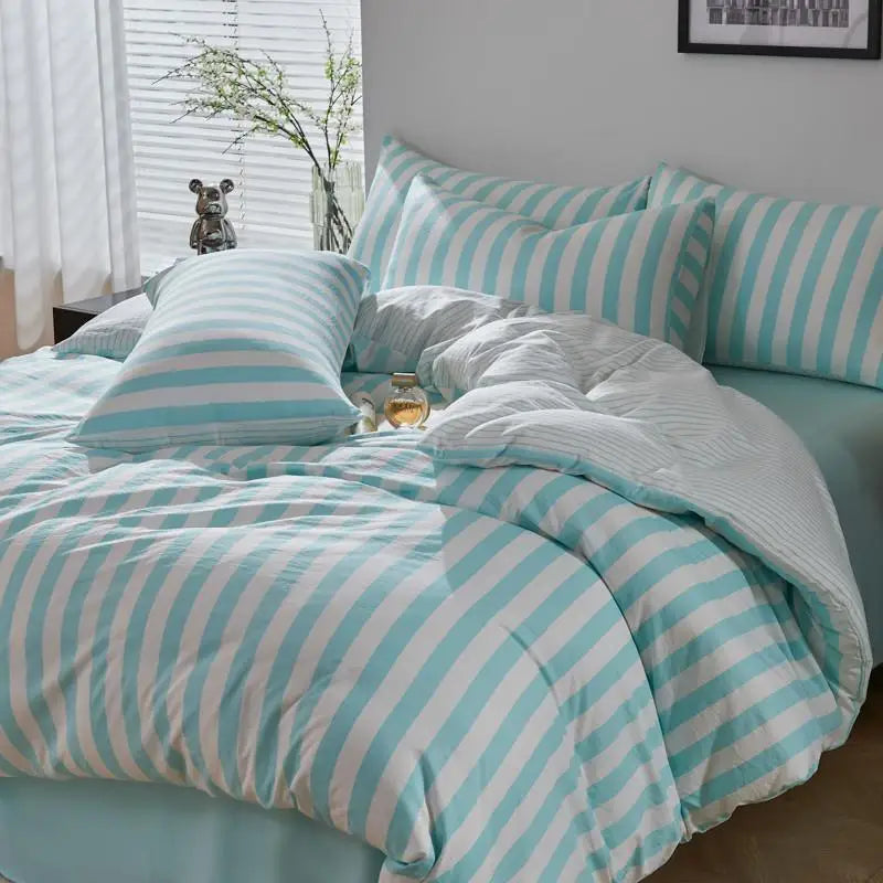 Aqua blue and white striped Polyester bedding set with matching pillowcases and flat sheet