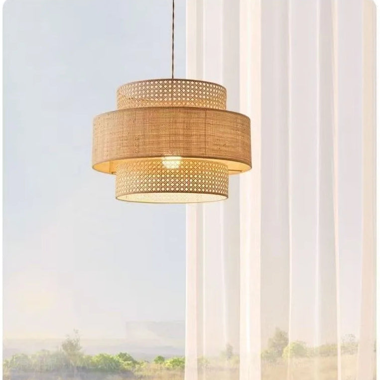 Woven pendant light fixture with a scenic background