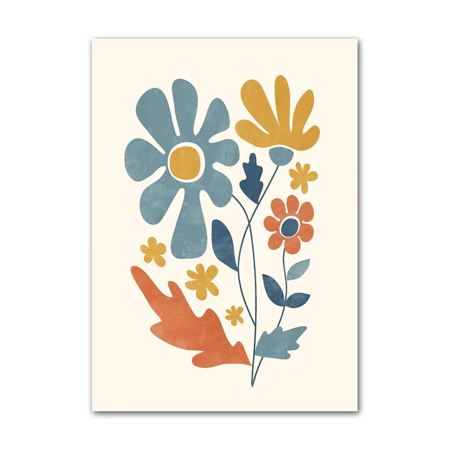 Floral abstract canvas print with blue, mustard, and terracotta stylised flowers on a neutral background