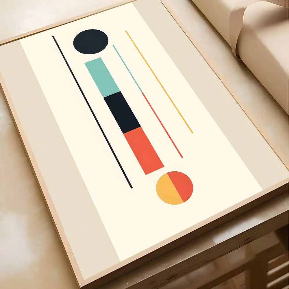 Minimalist abstract canvas print with stacked coloured rectangles, teal and navy blocks, and a split terracotta and yellow circle on a cream background, in a wood frame.