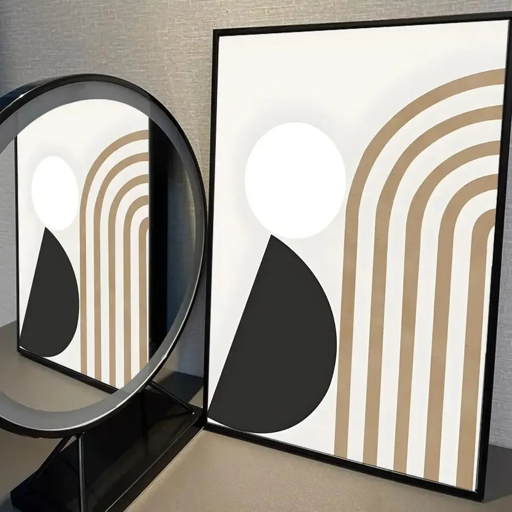 Minimalist geometric print with white circle and curved taupe lines on a neutral background